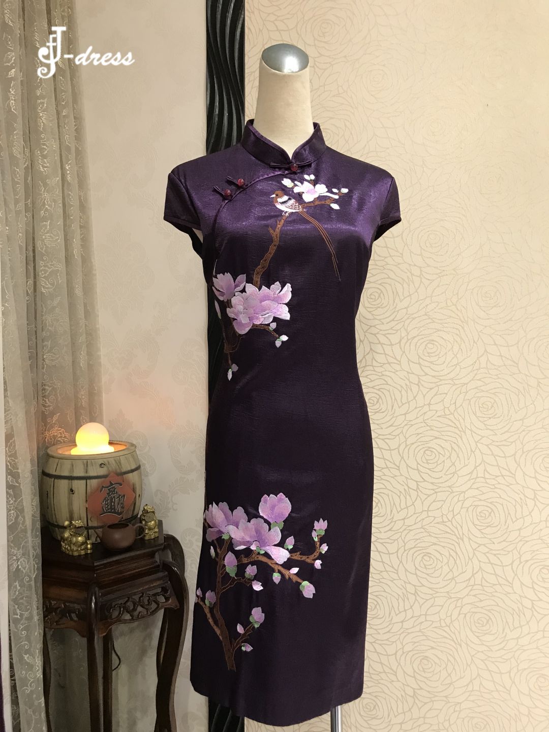 刺繡花深紫色短旗袍6415150498