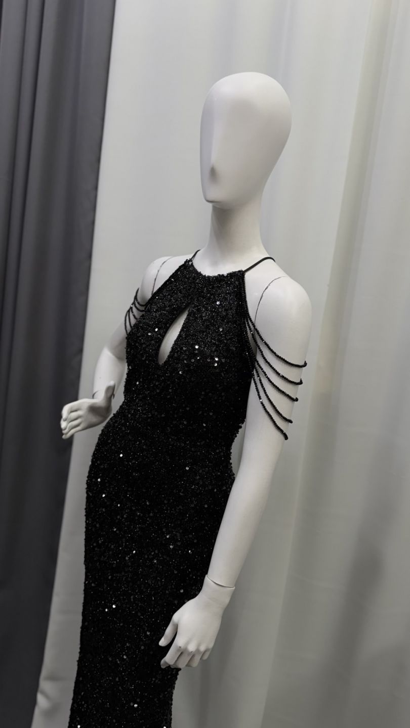 黑色亮片削肩長禮服