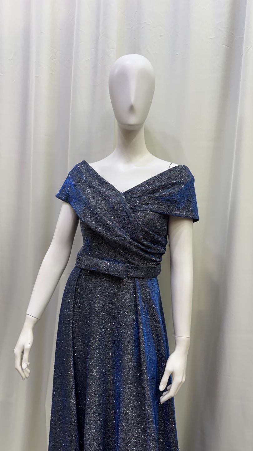 星空亮粉一字領長禮服